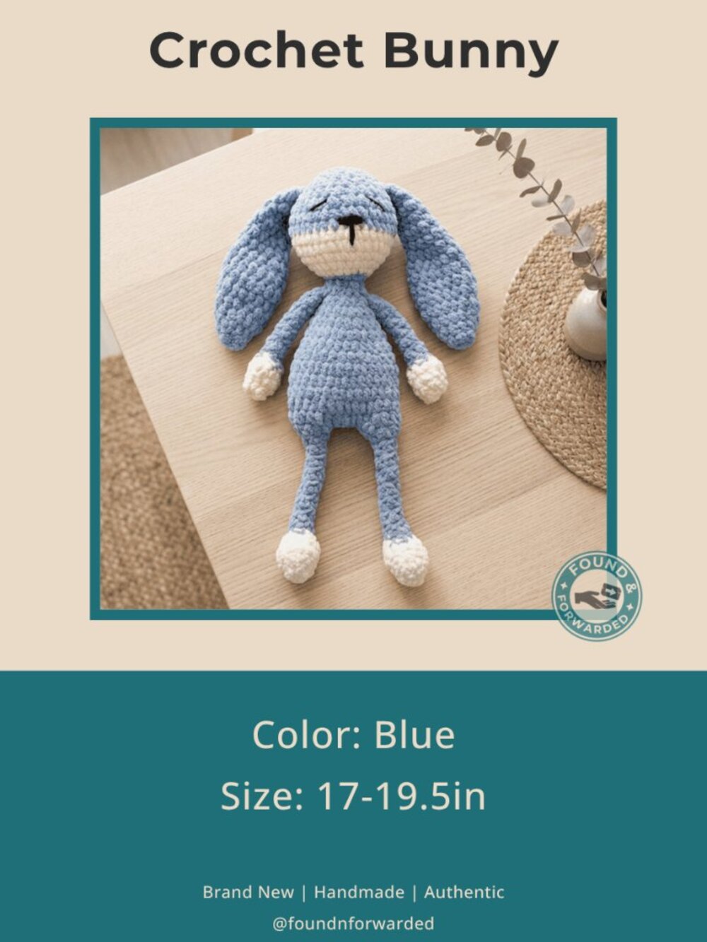 Handmade Crochet Bunny Blue Chenille Amigurumi Plushie Newborn Baby Gift NWT